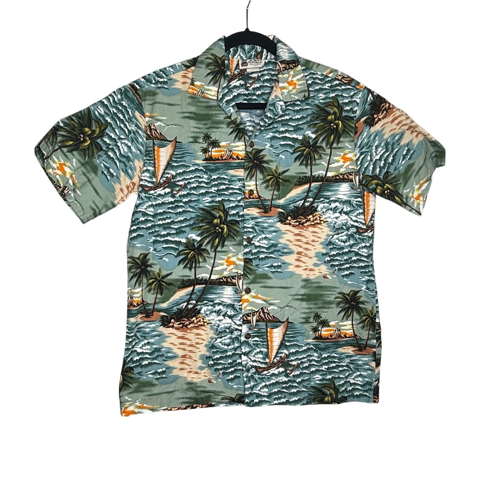 Aloha Republic Hawaiian Shirt Mens Medium Tropical Island Canoe Palm Tree Button